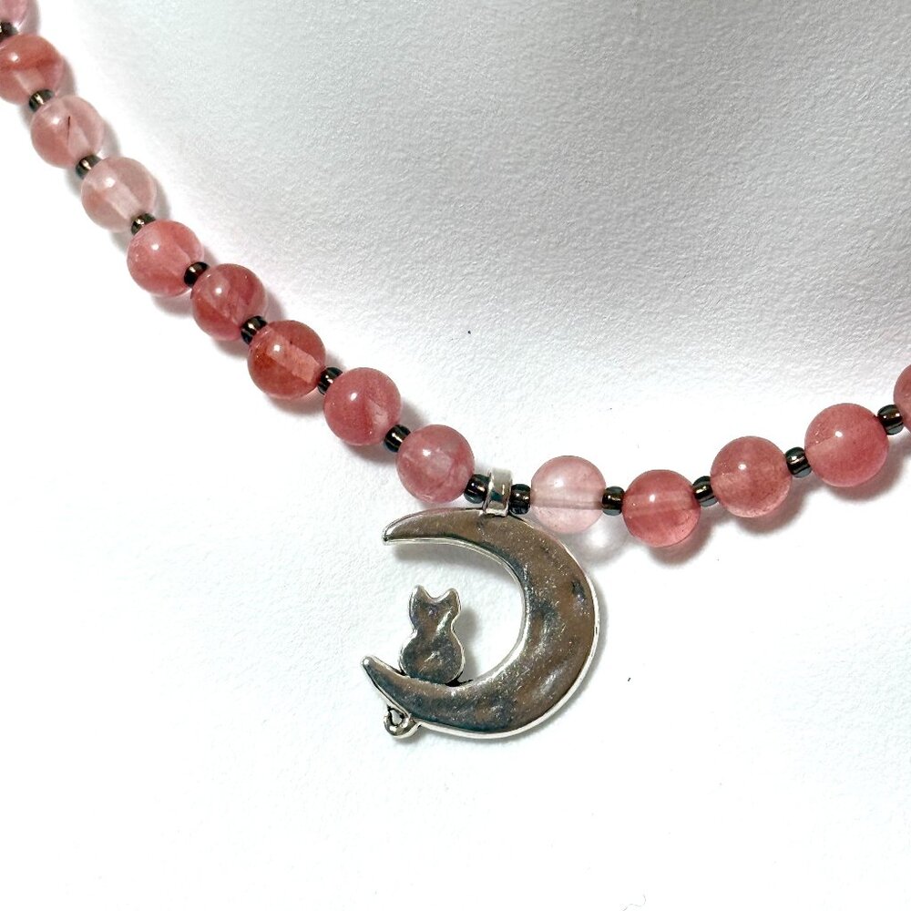 Cherry Quartz Short Necklace with Silver Cat on the Moon Pendant